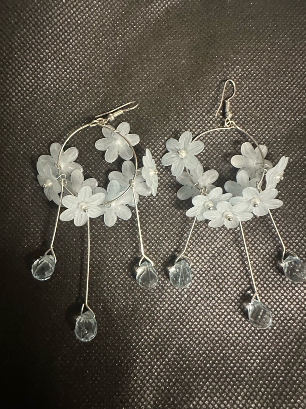 Handmade Floral Hoop Dangle Earrings - Light Blue
